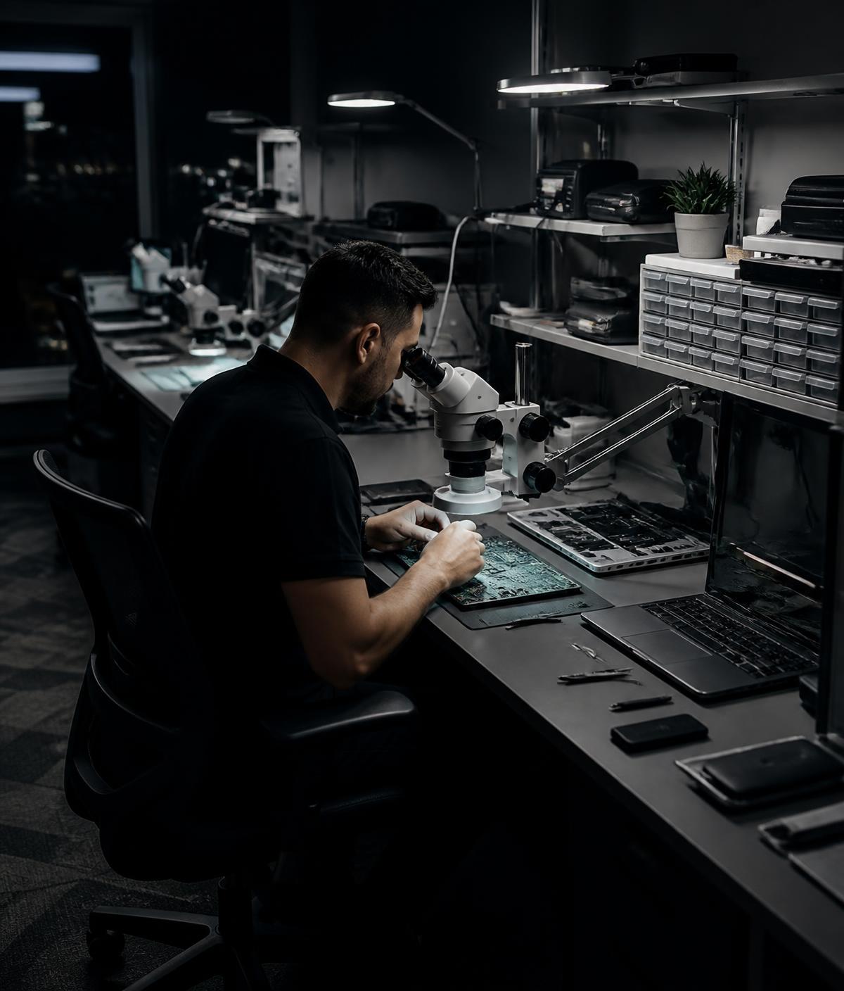 Técnico analisando placa de notebook em microscópio no laboratório da DelSolution
